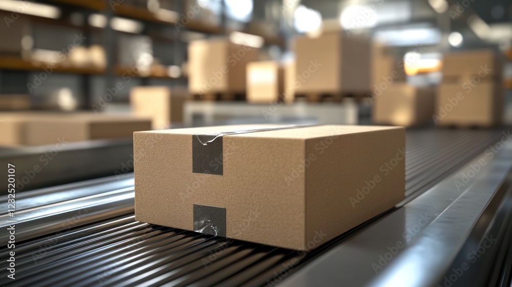 A Cardboard Box on a Conveyor Belt in a Warehouse A Cardboard Box on a Conveyor Belt in a Warehouse