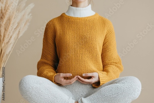 Pregnant Woman Sitting in a Cozy Minimalist Studio Space and Practicing Meditation or Relaxation Techniques  Soothing Peaceful and Serene Home Interior with Natural Decor and Plants photo