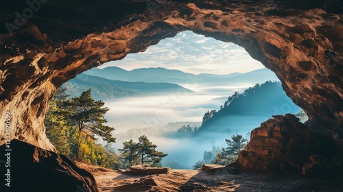 View from the entrance of a cave, looking out onto a serene valley below filled with mist rolling over the green fields and mountain peaks rise in the background under a cloudy sky