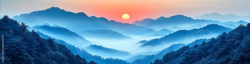 Obraz premium Panoramic view of misty landscape covering mountains in Thailand