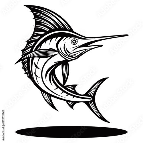 Leaping Marlin Fish, Dynamic Black and White Design