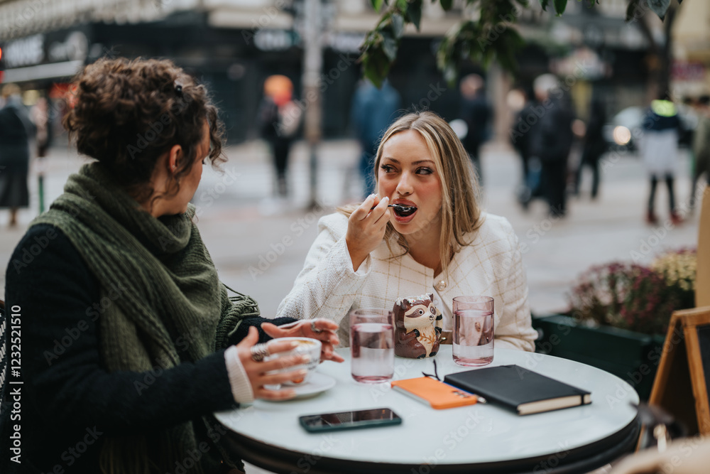 Fototapeta premium Two women share a conversation at an outdoor cafe, enjoying beverages and dessert in a relaxed city environment, creating a warm and friendly ambiance.