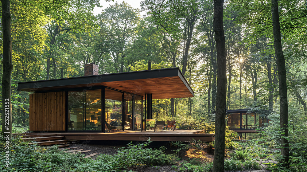 Forest Cabin With Glass Walls And Wood Deck Surrounded By Trees And Lush Foliage Forest Cabin With Glass Walls And Wood Deck Surrounded By Trees And Lush Foliage