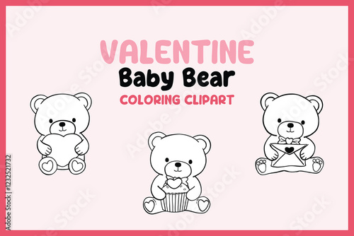 A cute Valentine-themed baby bear coloring clipart set featuring teddy bears holding hearts, cupcakes, and love letters in outline style