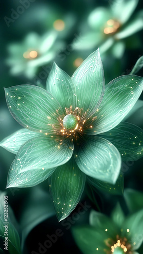 Emerald green fractal flower with glowing tips, showcasing intricate details and vibrant colors