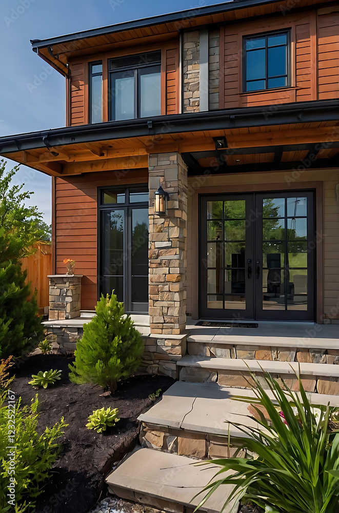 Obraz premium Modern Stone and Wood House Exterior: Contemporary Home Design and Architecture