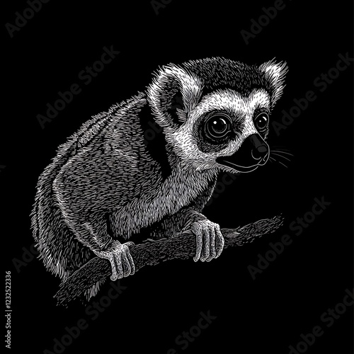 Monochromatic lemur on branch, artistic rendering, black background, possible apparel design photo