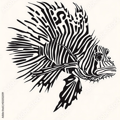 Black and white stylized lionfish, marine life illustration, artwork photo