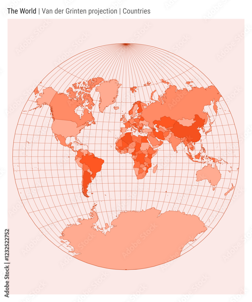 Obraz premium World map in Van der Grinten projection. Countries style. High detail world map for infographics, education, reports, presentations. Vector illustration.