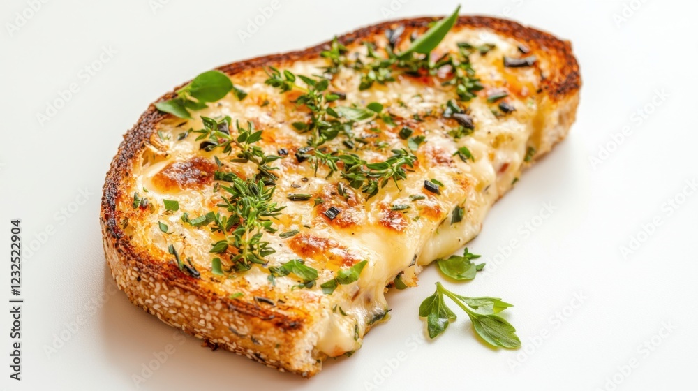 Deliciously toasted bread topped with melted cheese and fresh herbs served as an appetizer or snack at a casual dining establishment