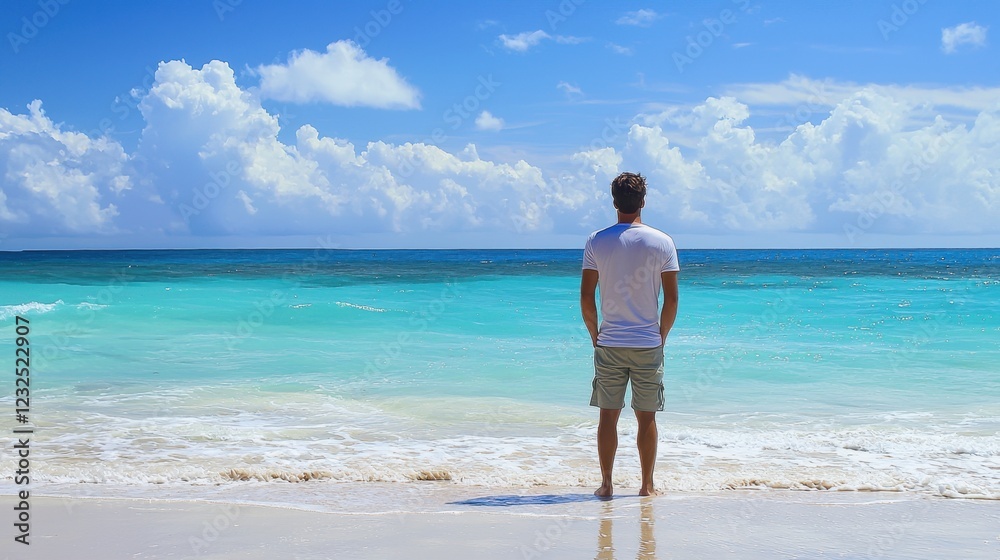 Solitary Man Standing on Beach Gazing at the Calm Ocean Waves Solitary Man Standing on Beach Gazing at the Calm Ocean Waves
