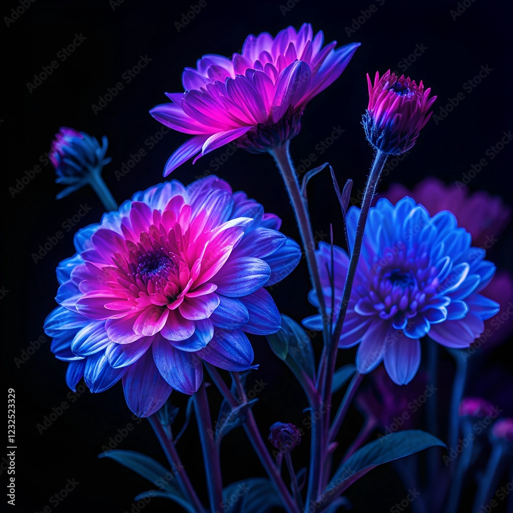 Obraz premium A striking close-up of glowing neon flowers under UV light, featuring deep blue, electric pink, and purple hues, creating a futuristic, cyberpunk-inspired aesthetic with a black background