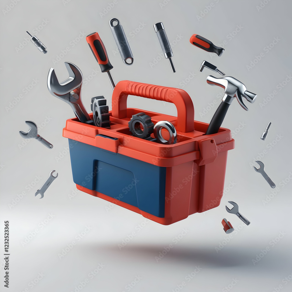 Floating toolbox overflowing with assorted tools. Floating toolbox overflowing with assorted tools.