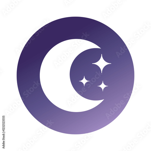 Moon and Stars Vector Flat Icon Design. Sleep Time Gradient Violet Button Label for Packaging of Melatonin Supplements. Night Sky Simple Illustration.