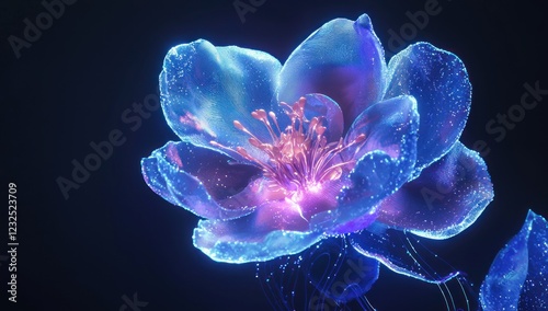 Vivid abstract flowers with glowing neon lines and textures, creating a futuristic and luminous floral design on a dark background.