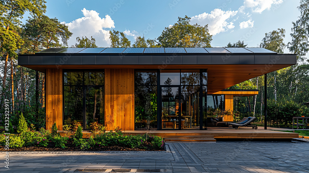 Modern House With Solar Panels In Forest Surrounded By Trees On Bright Day With Blue Sky