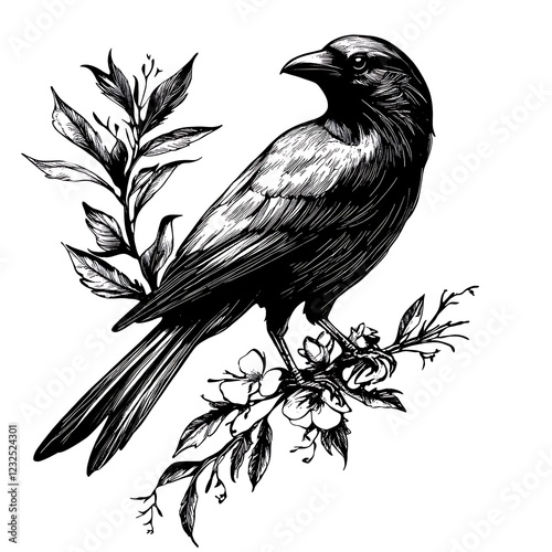 Black and white crow perched on branch with flowers. Graphic illustration. Possible use for prints, posters, or digital art photo