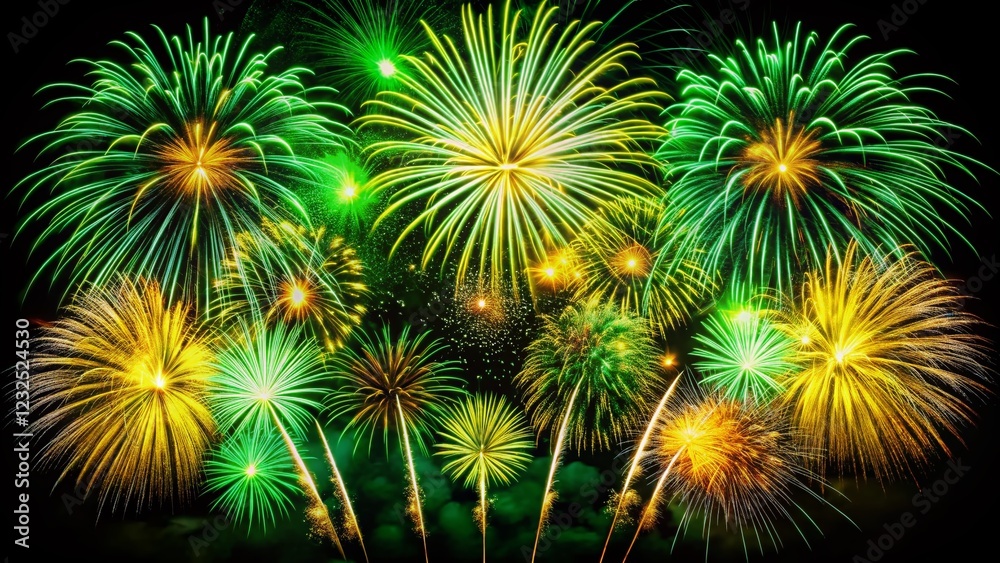 Festive Green, Yellow & White Fireworks Exploding on Black Background - Stock Photo Festive Green, Yellow & White Fireworks Exploding on Black Background - Stock Photo