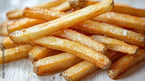 Crispy golden French fries piled on a wooden surface with a sprinkle of salt, appetizing scene photo