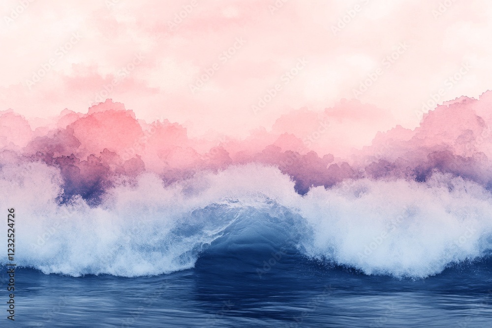 Obraz premium Waves crashing against the shore at sunset with a vibrant pink sky reflecting on the water