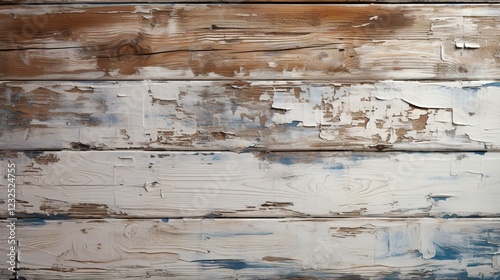 Close up view of a wooden wall painted in white with the paint peeling off, revealing the raw wood underneath HD 8K wallpaper Photographic Image