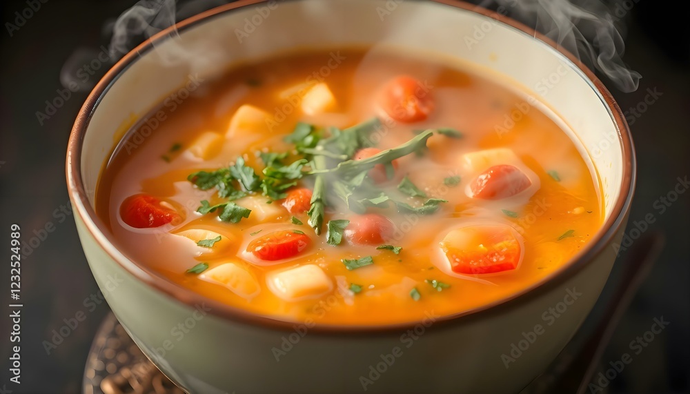 a bowl of soup with tomatoes, carrots, and parsley a bowl of soup with tomatoes, carrots, and parsley