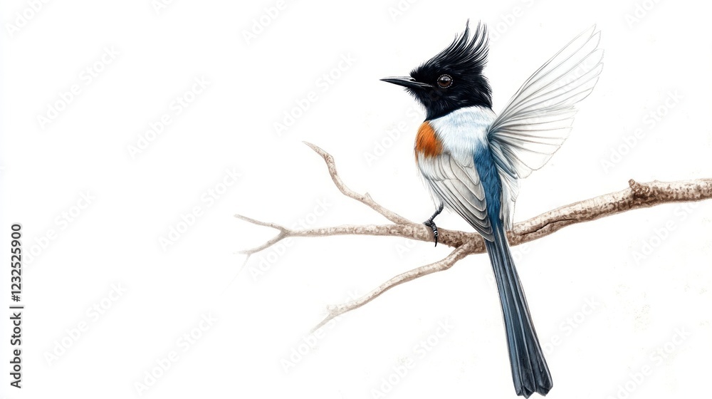 Fototapeta premium Bird perched on branch, wings spread, white background, nature illustration, wildlife art