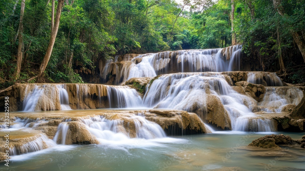 Naklejka premium Tropical waterfall cascades through lush jungle, serene nature scene, travel tourism