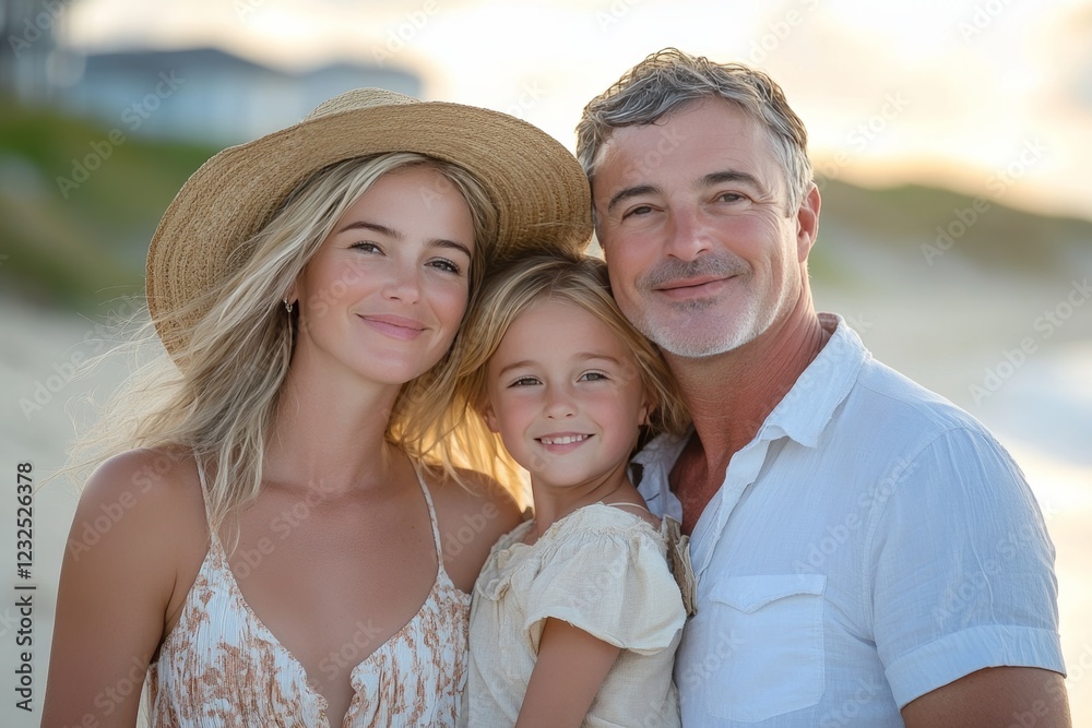 Family enjoying a sunny day at the beach, smiling together during golden hour with gentle waves in the background Family enjoying a sunny day at the beach, smiling together during golden hour with gentle waves in the background