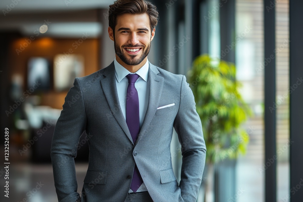 Smiling man in a gray suit and purple tie stands confidently in a modern office interior with large windows Smiling man in a gray suit and purple tie stands confidently in a modern office interior with large windows
