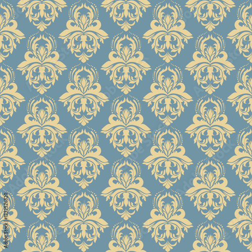 Elegant damask pattern with a luxurious gold design on a deep blue background. Ideal for royal-themed designs, wallpaper, invitations, or high-end branding.