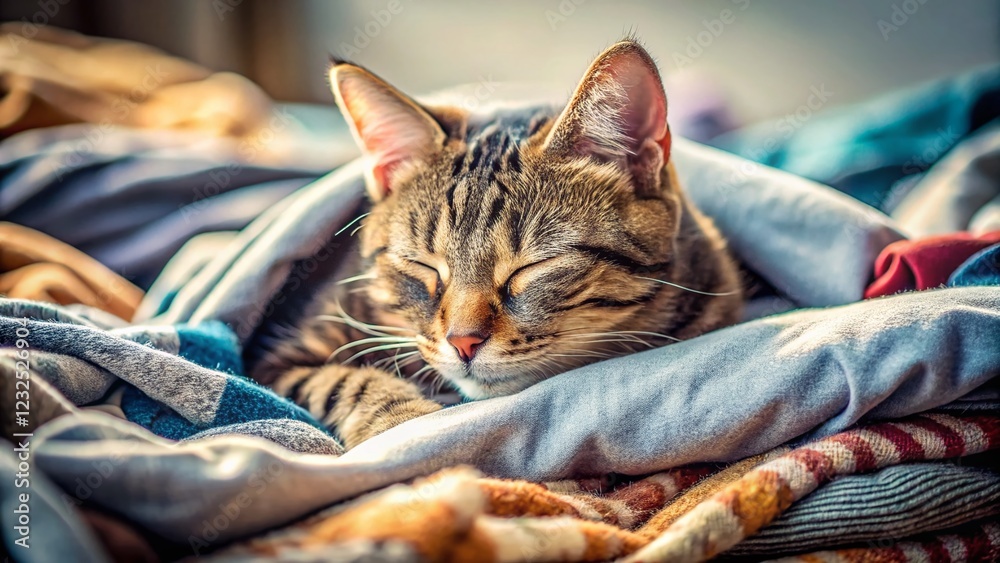 Fluffy Cat Napping on a Pile of Clean Laundry - Adorable Pet Stock Photo Fluffy Cat Napping on a Pile of Clean Laundry - Adorable Pet Stock Photo