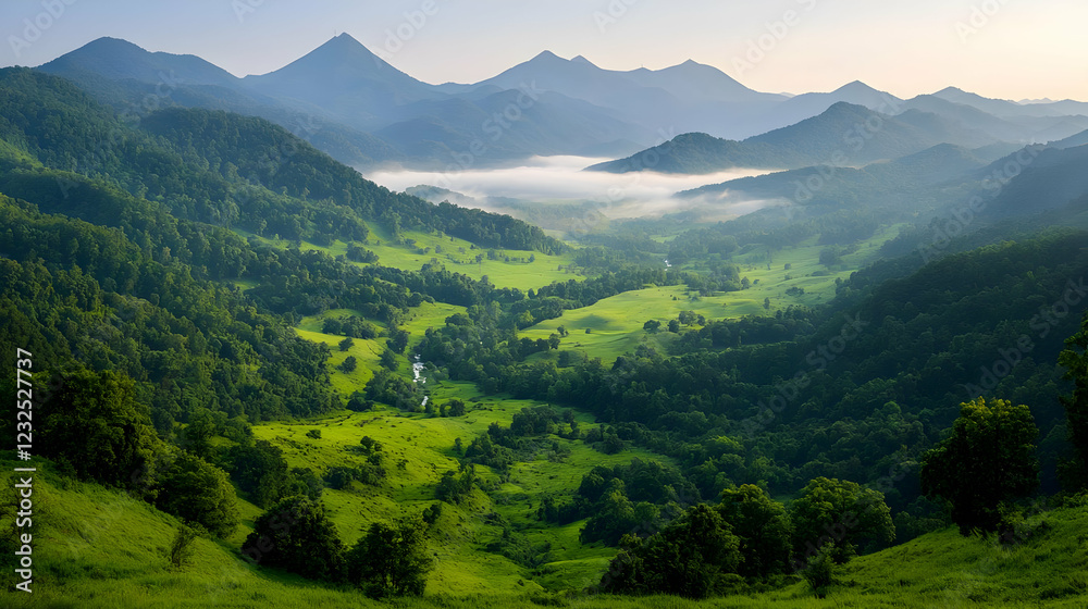 Fototapeta premium Misty Mountain Valley Sunrise Landscape