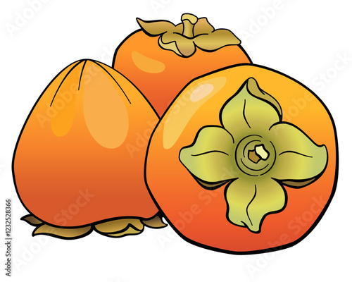 Ripe persimmon fruits - vector full color picture with vegetable food. Three persimmons - healthy wholesome food.	