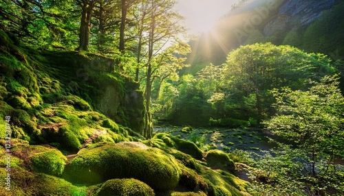 新緑が茂る山の中、木漏れ日が差し込む苔むした岩 photo