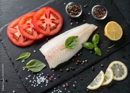 Fresh Halibut Fillet with Tomato, Lemon, Basil & Spices - Minimalist Food Photography photo