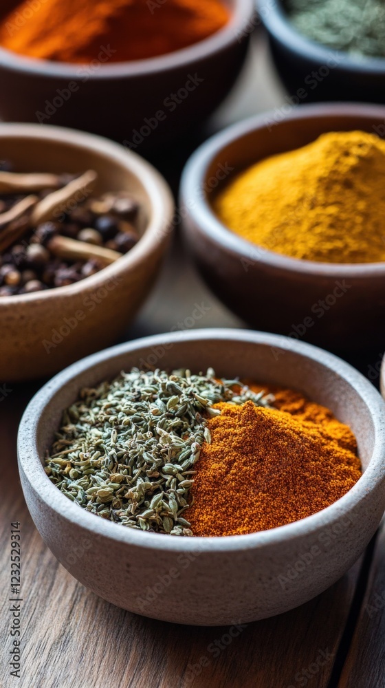 Close-up of Assorted Spices in Rustic Bowls, Vibrant Culinary Ingredients in Soft Natural Light Close-up of Assorted Spices in Rustic Bowls, Vibrant Culinary Ingredients in Soft Natural Light