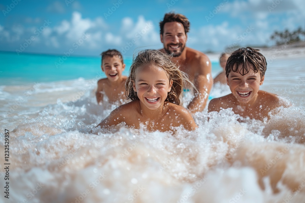 Family enjoys a joyful day at the beach, splashing in the waves under a bright blue sky Family enjoys a joyful day at the beach, splashing in the waves under a bright blue sky