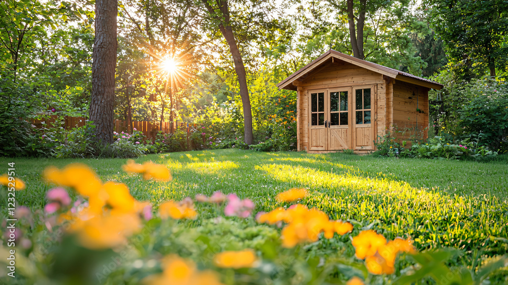 Wooden Cabin in Garden at Sunset with Green Grass and Flowers Sunburst in Forest Landscape Wooden Cabin in Garden at Sunset with Green Grass and Flowers Sunburst in Forest Landscape