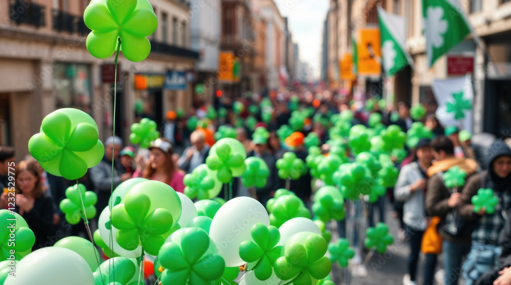 Naklejka premium Clover balloons on Saint Patrick's Day festival. Shamrock shaped decorations in the city street