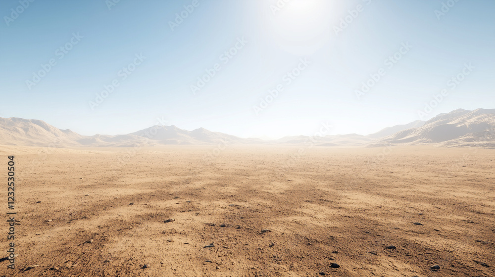 Desert Expanse Under a Blazing Sun: A vast, arid desert landscape stretches to the horizon under a bright sun, with hazy mountains faintly visible in the distance. Desert Expanse Under a Blazing Sun: A vast, arid desert landscape stretches to the horizon under a bright sun, with hazy mountains faintly visible in the distance.