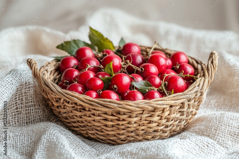 A close-up of a woven basket filled with fresh Rosa canina berries and green leaves, placed on a textured fabric background