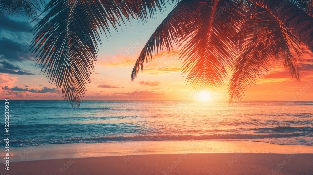 Fototapeta premium Tropical Sunset Paradise, Palm Trees Frame Vibrant Ocean Hues