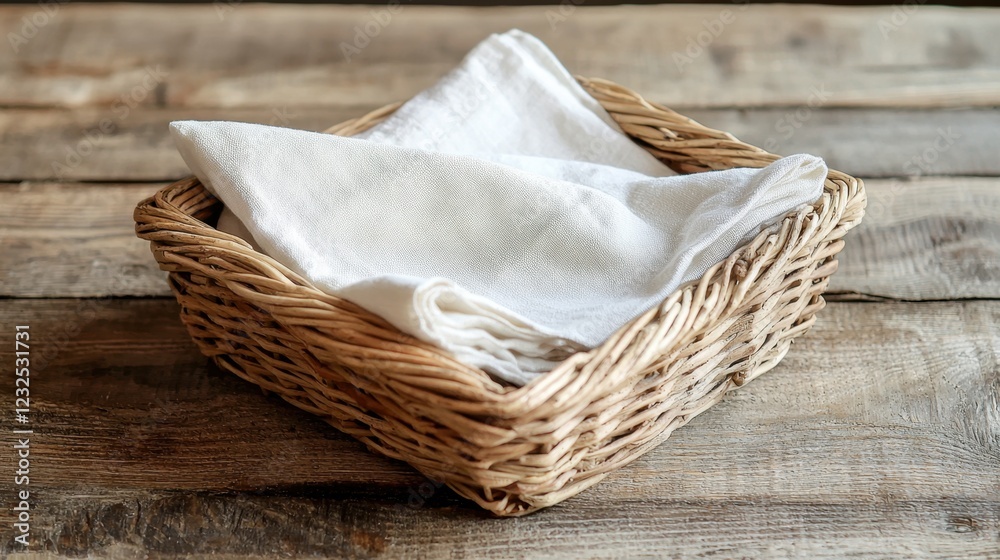 Obraz premium Woven Basket with White Cloth on Rustic Wooden Table Surface