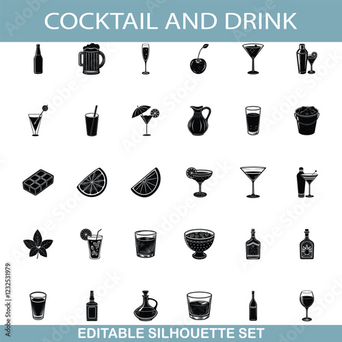 Cocktail Drink Icons Silhouette Set of Beverages and Barware