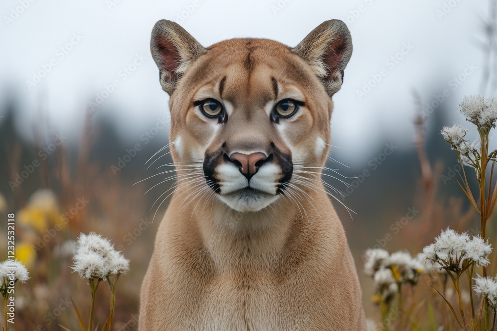Obraz premium Wildlife portrait of a cougar in a meadow during overcast weather with flowers in the foreground