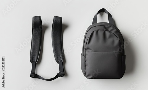 Black backpack and detachable shoulder straps on white background.