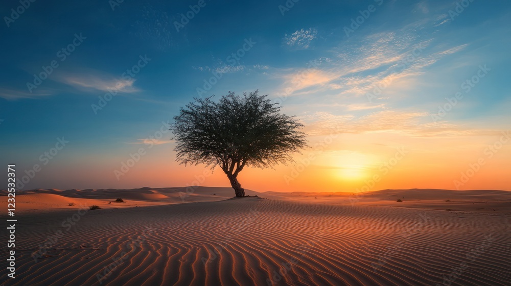Solitary Desert Tree at Sunset: A Stunning Landscape