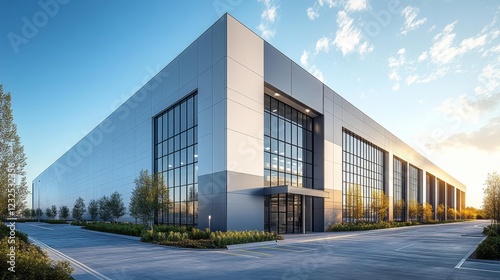 Modern industrial building with minimalist architecture and a spacious parking lot. Generative AI