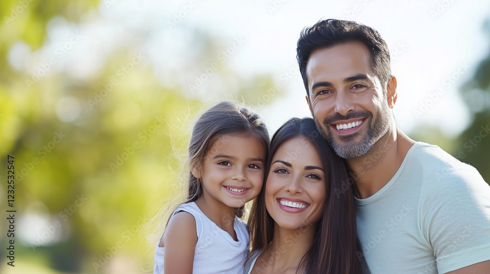 Happy Family Portrait: A cheerful family portrait shows a loving couple embracing their daughter. They radiate warmth, happiness, and togetherness against a softly blurred green background. Happy Family Portrait: A cheerful family portrait shows a loving couple embracing their daughter. They radiate warmth, happiness, and togetherness against a softly blurred green background.
